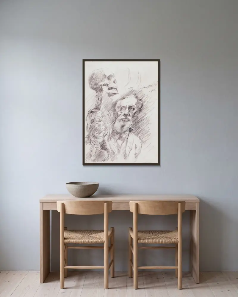 Anatom med skelett av Lovis Corinth inramad på en vägg