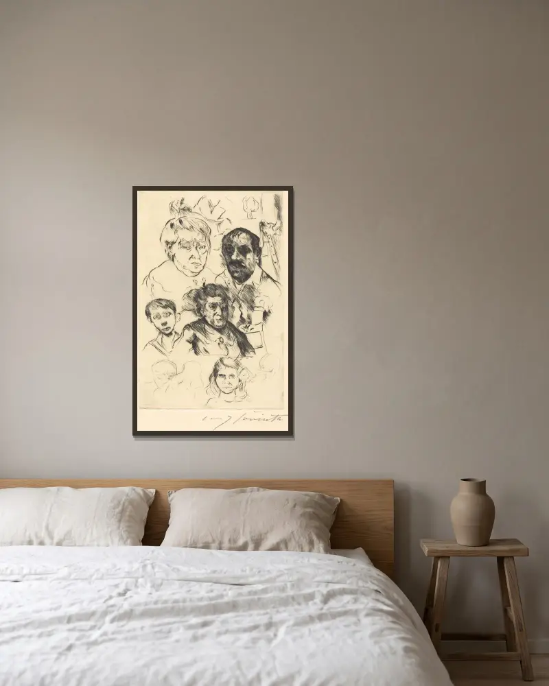 Blandade huvuden och självporträtt av Lovis Corinth inramad på en vägg