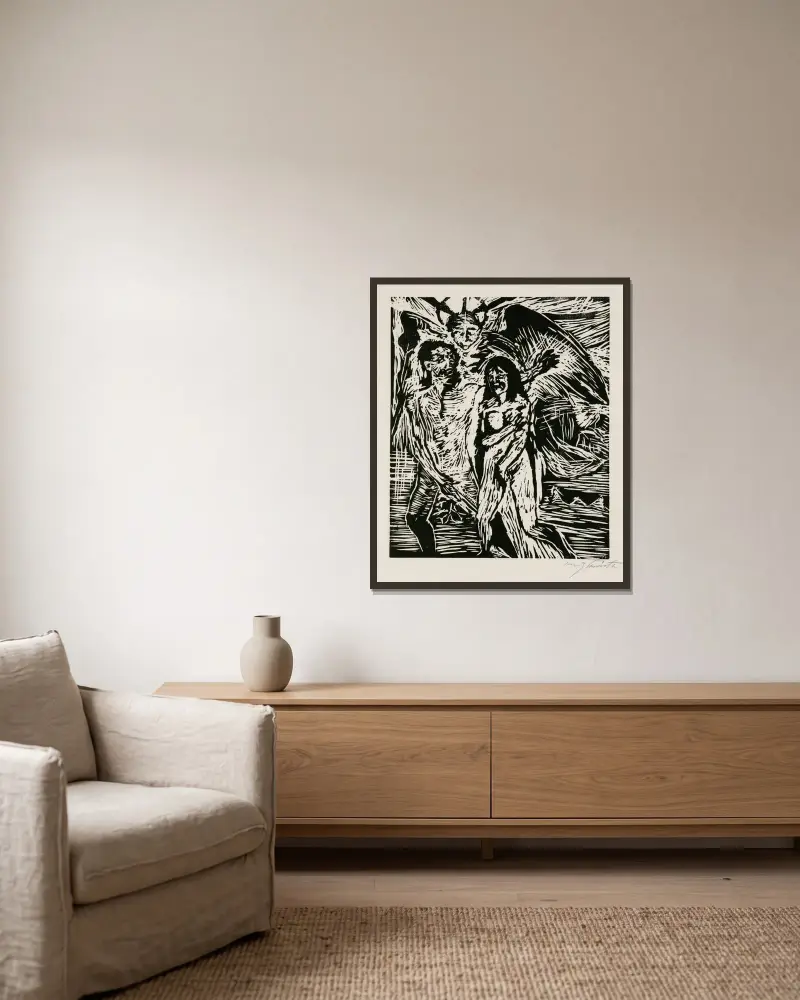 Utvisningen ur paradiset av Lovis Corinth inramad på en vägg