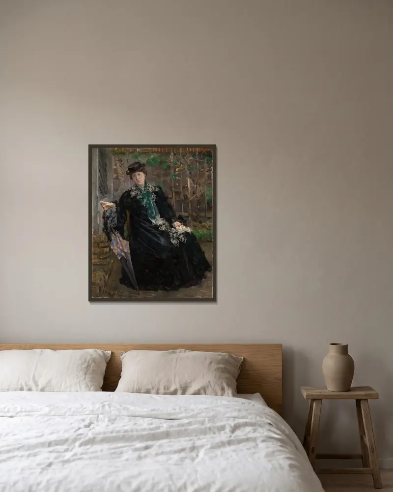 Porträtt av fru Charlotte Berend-Corinth i trädgården av Lovis Corinth inramad på en vägg