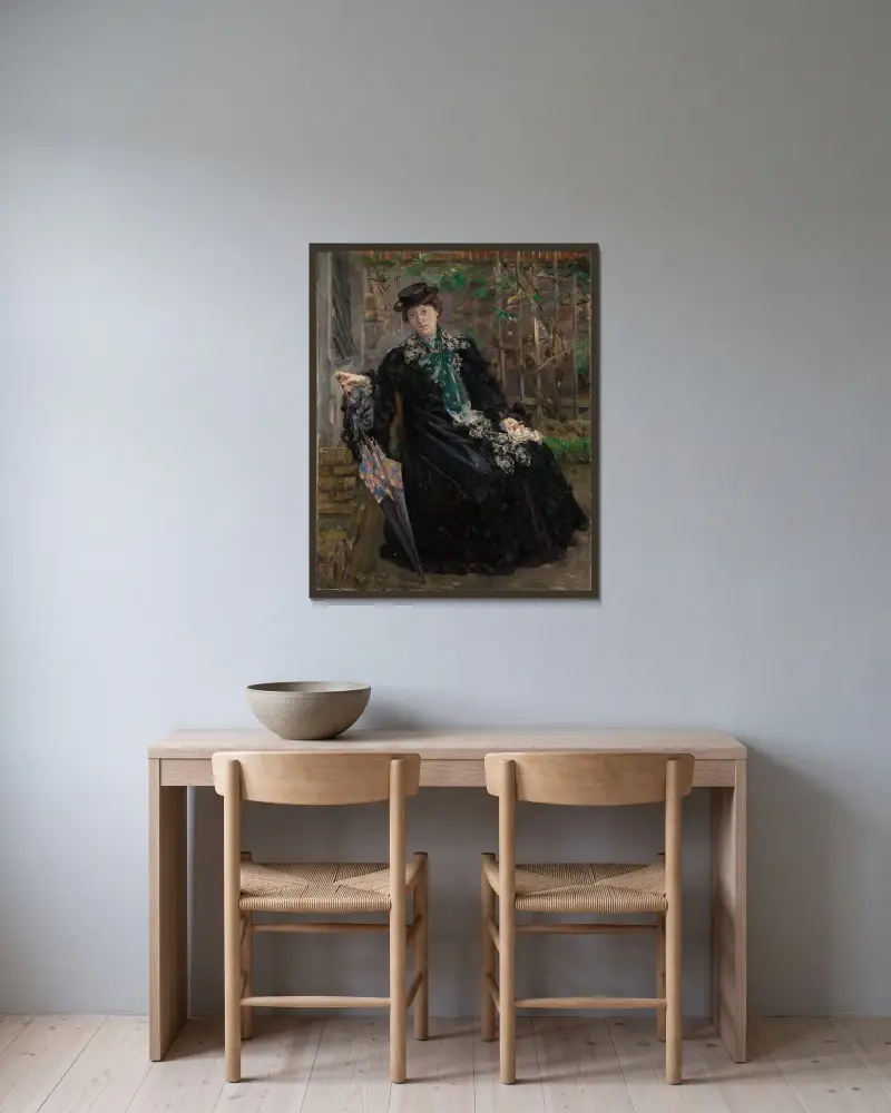Porträtt av fru Charlotte Berend-Corinth i trädgården av Lovis Corinth inramad på en vägg