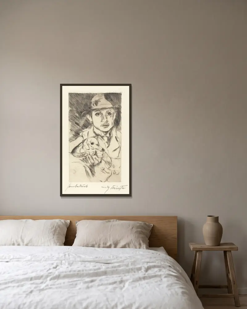 Pojke med hund av Lovis Corinth inramad på en vägg