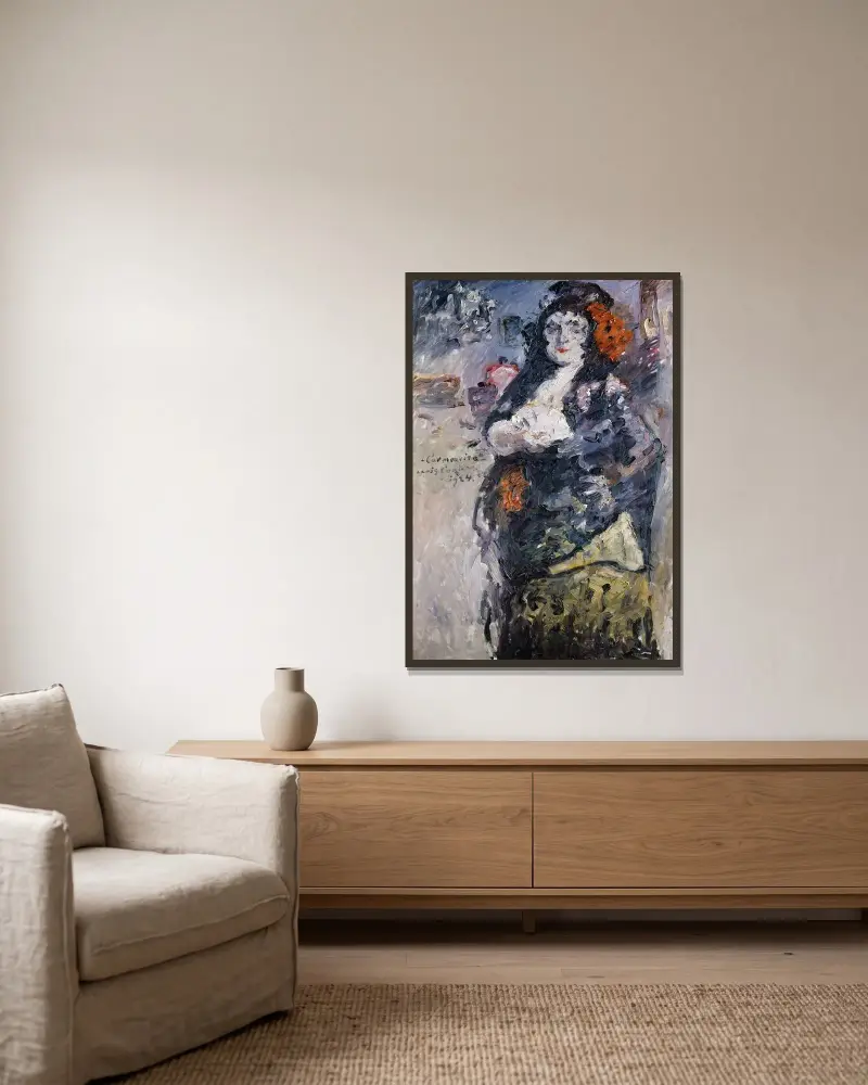 „Carmencita“, Porträt von Charlotte Berend-Corinth im spanischen Kostüm von Lovis Corinth gerahmt an einer Wand