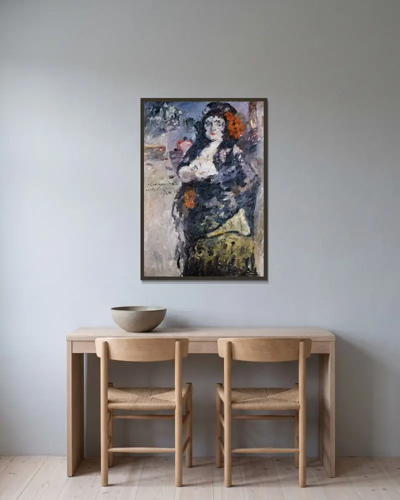 „Carmencita“, Porträt von Charlotte Berend-Corinth im spanischen Kostüm von Lovis Corinth gerahmt an einer Wand