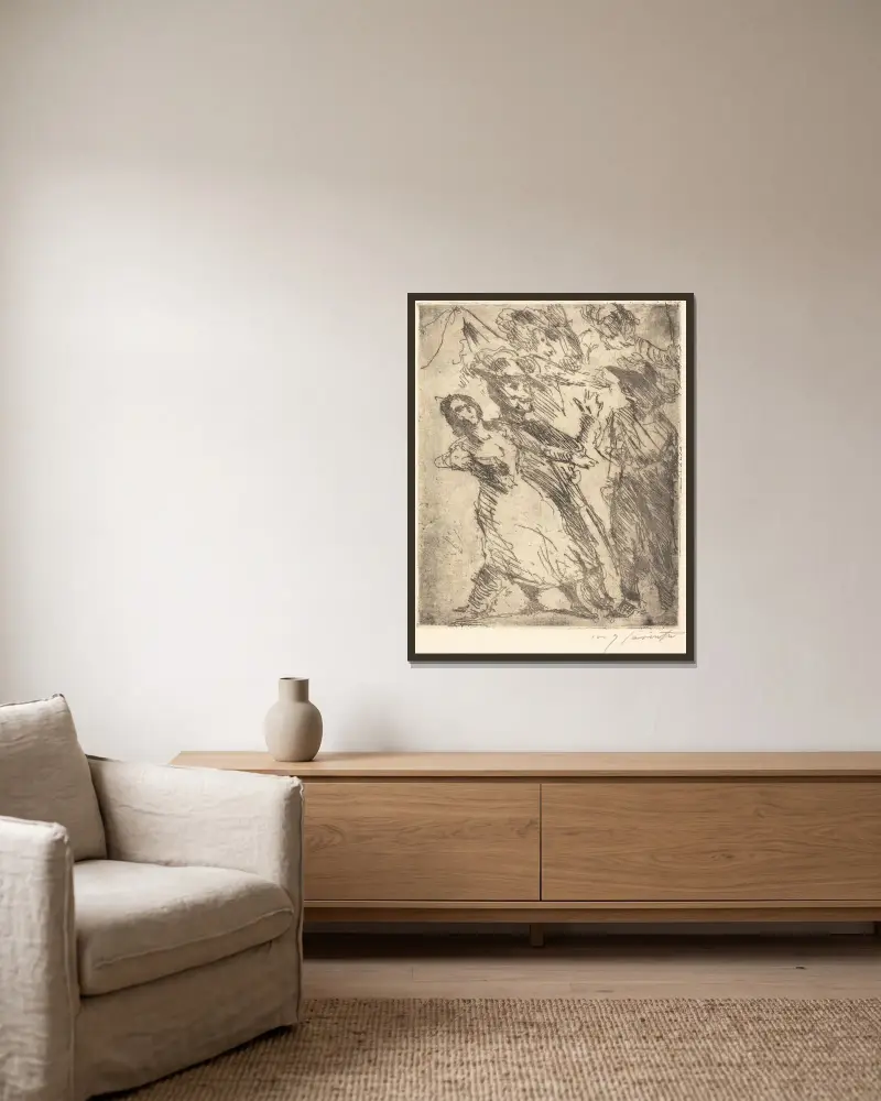 Kavalerister med en kvinna, troligen 1923 av Lovis Corinth inramad på en vägg