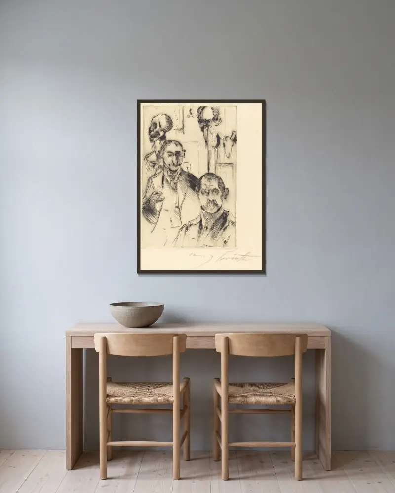 Dubbelporträtt med skelett av Lovis Corinth inramad på en vägg