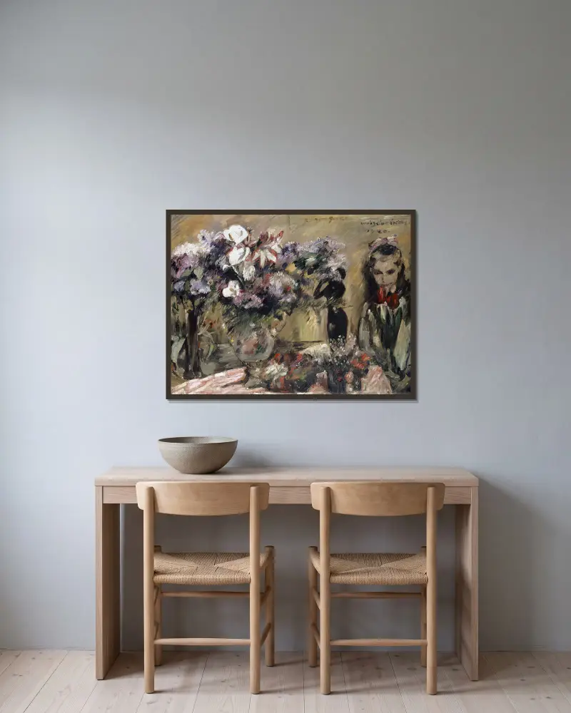 Flowers And Daughter Wilhelmine av Lovis Corinth inramad på en vägg
