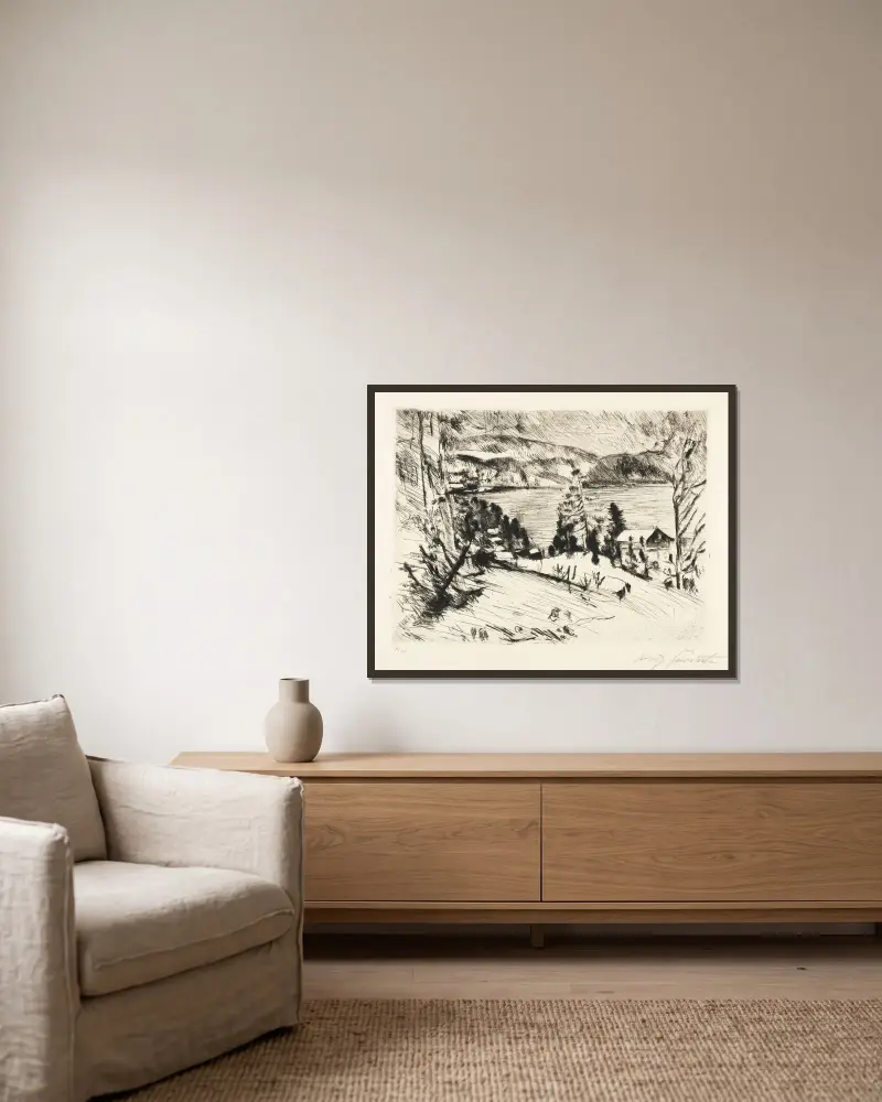 Bergssjö (Walchensee på vintern) av Lovis Corinth inramad på en vägg