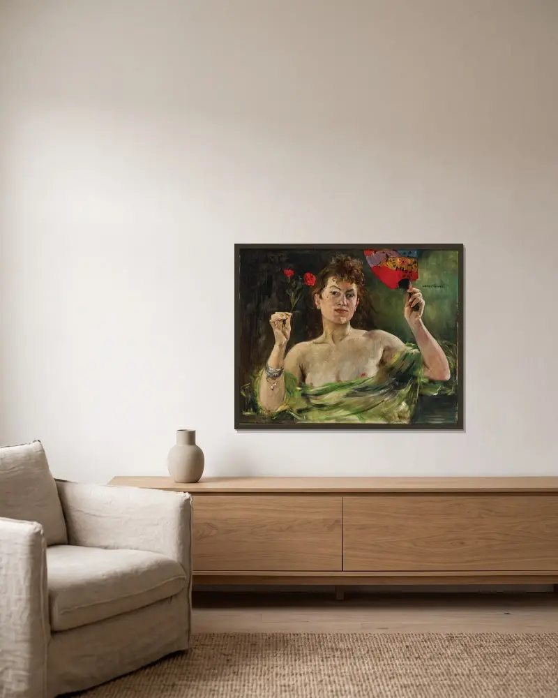 Flicka med solfjäder och nejlikor av Lovis Corinth inramad på en vägg