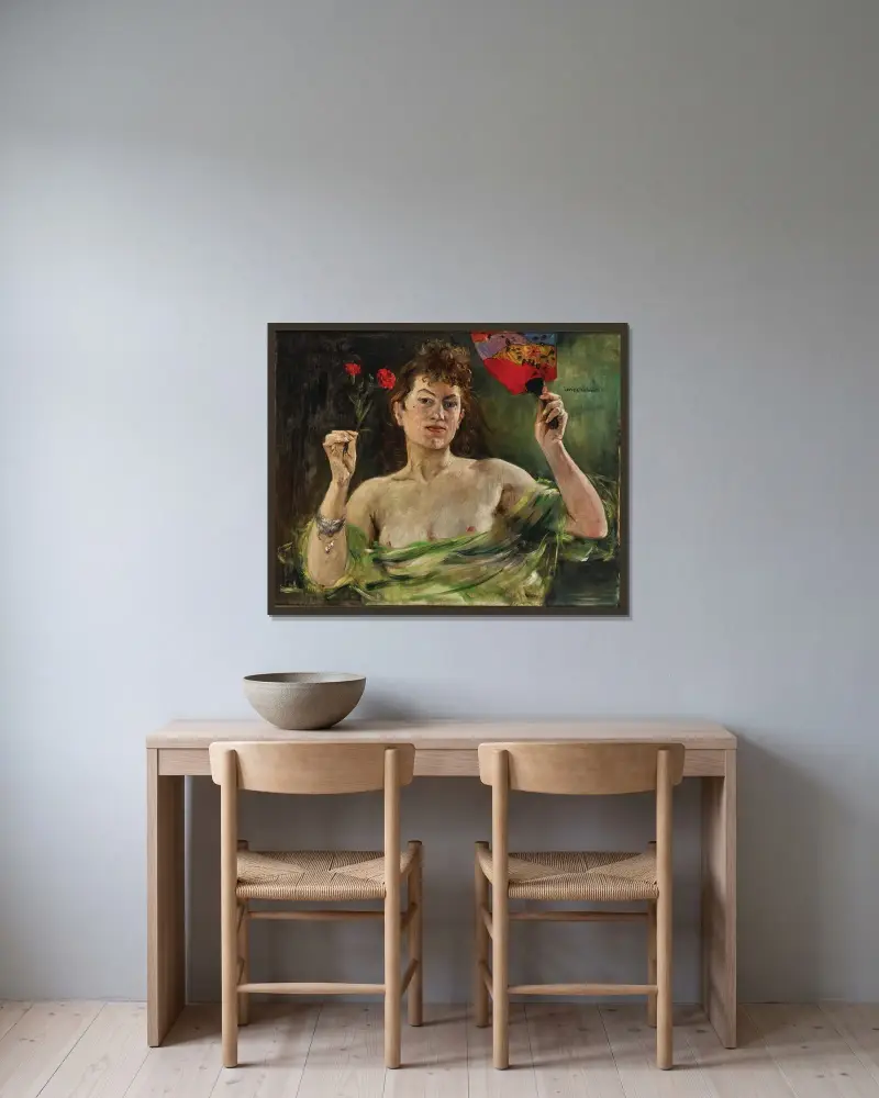 Flicka med solfjäder och nejlikor av Lovis Corinth inramad på en vägg