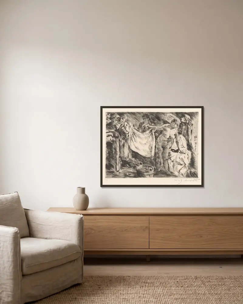 Grupp kvinnor, varav en naken och en annan som håller upp ett tygstycke av Lovis Corinth inramad på en vägg
