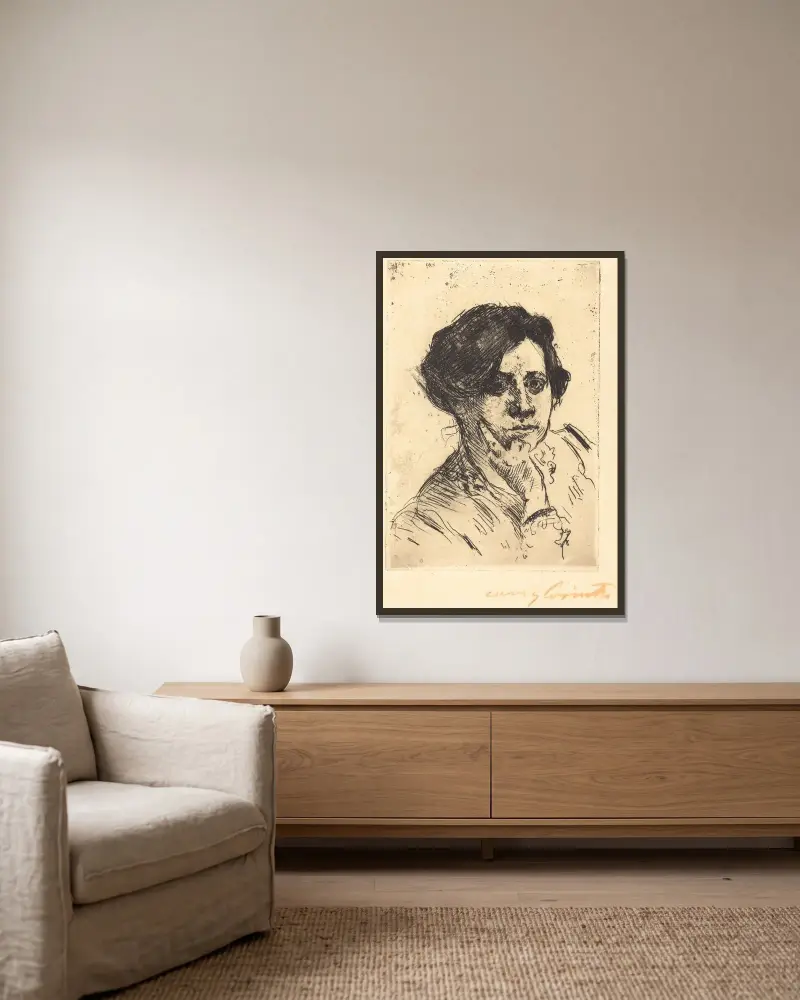 Kvinnohuvud (Frauenkopf) av Lovis Corinth inramad på en vägg