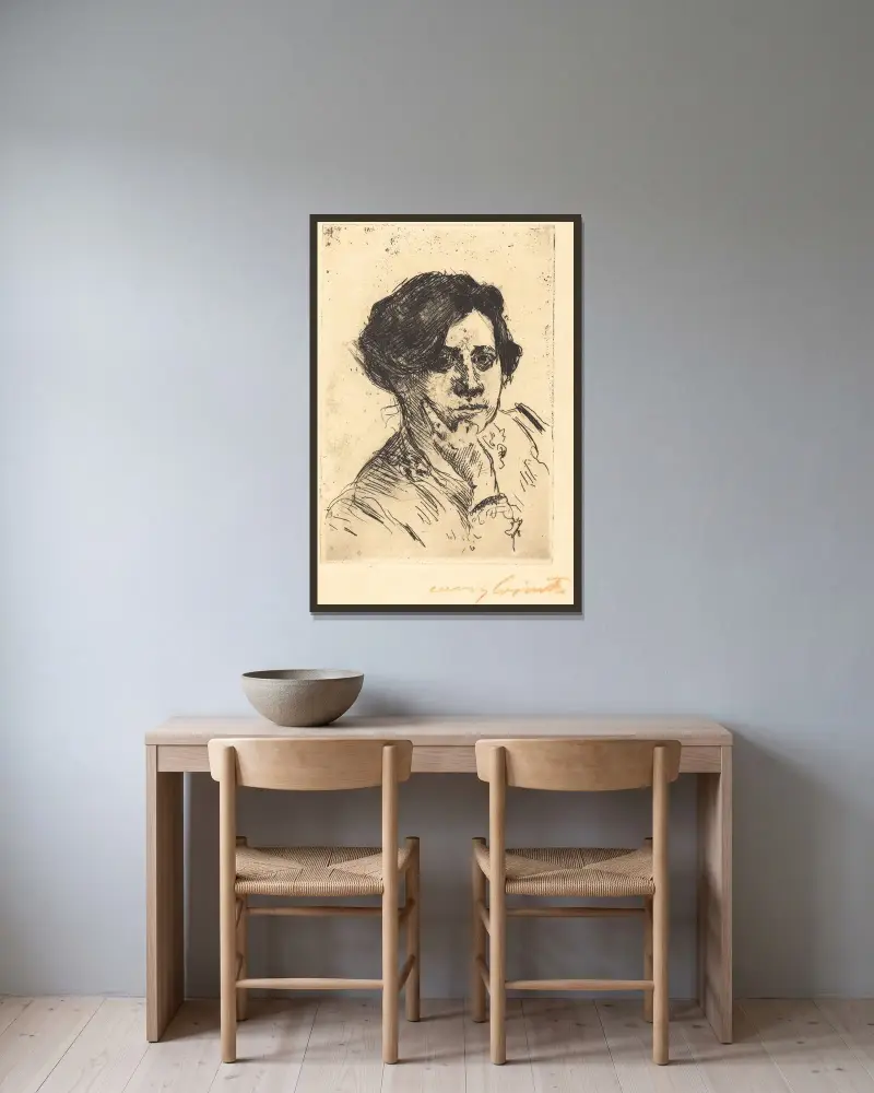 Kvinnohuvud (Frauenkopf) av Lovis Corinth inramad på en vägg