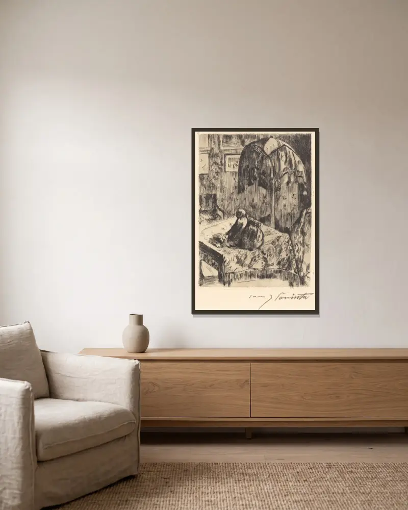 Interiör med golvlampa av Lovis Corinth inramad på en vägg