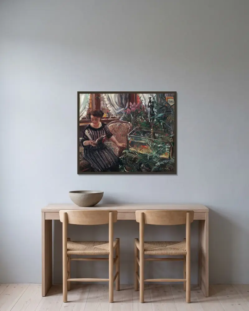 Damen vid guldfiskskålen av Lovis Corinth inramad på en vägg