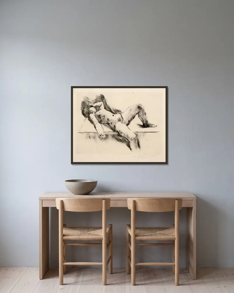 Liggande kvinnlig nakenstudie III av Lovis Corinth inramad på en vägg