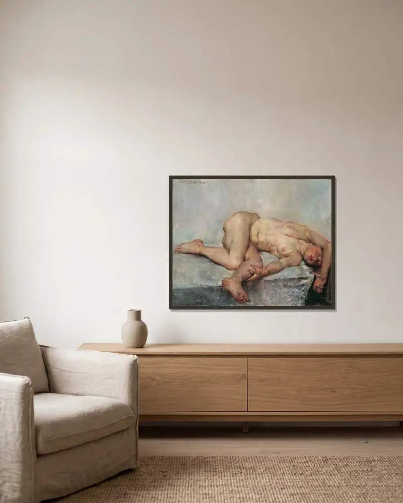 Liggande kvinnlig nakenakt av Lovis Corinth inramad på en vägg