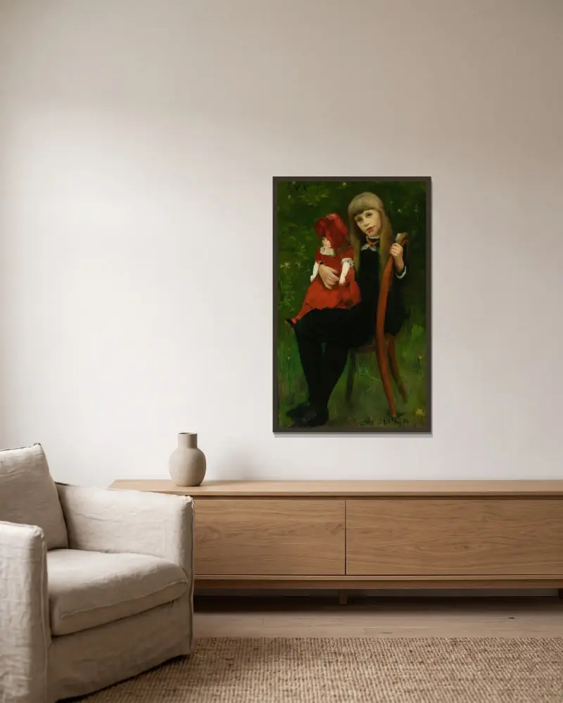 Porträtt av Anna Schaumburg med docka av Lovis Corinth inramad på en vägg