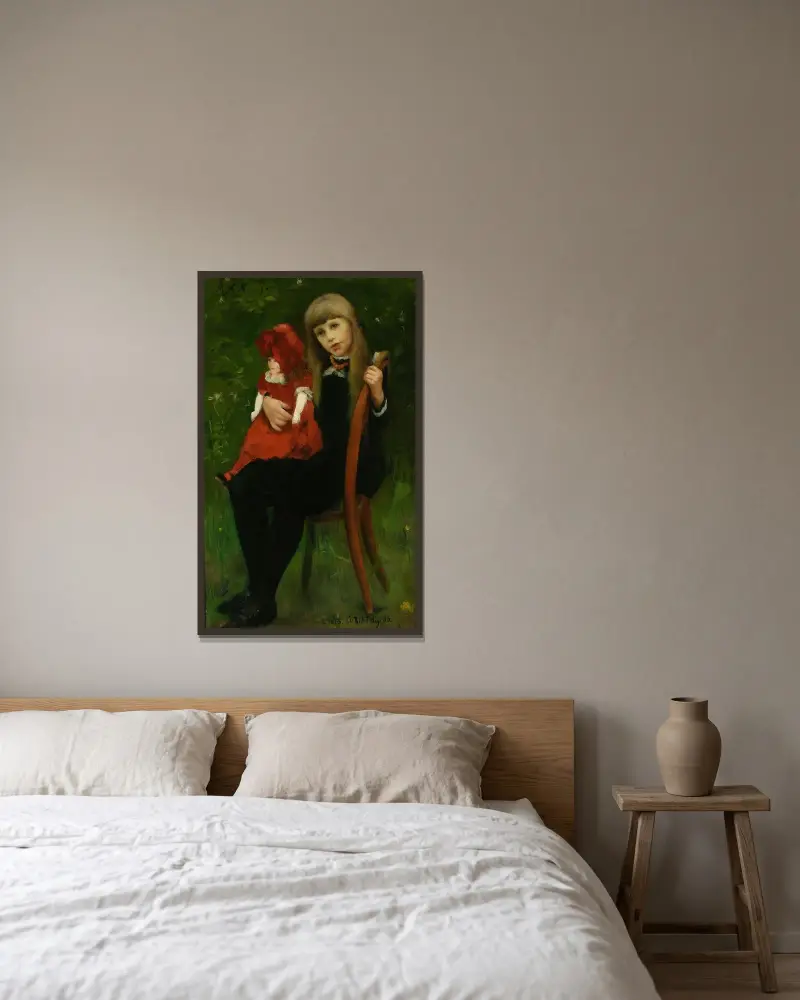 Porträtt av Anna Schaumburg med docka av Lovis Corinth inramad på en vägg