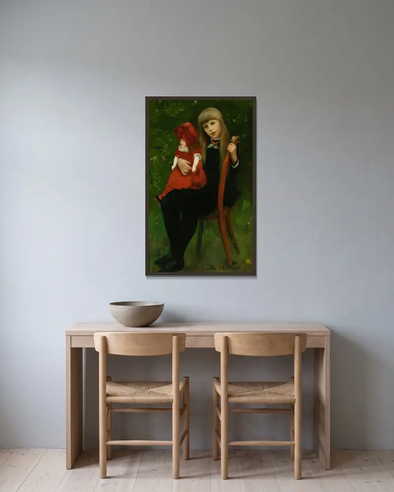 Porträtt av Anna Schaumburg med docka av Lovis Corinth inramad på en vägg