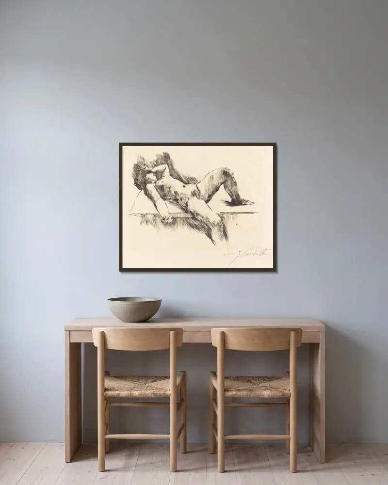 Liggande kvinnlig nakenakt III av Lovis Corinth inramad på en vägg