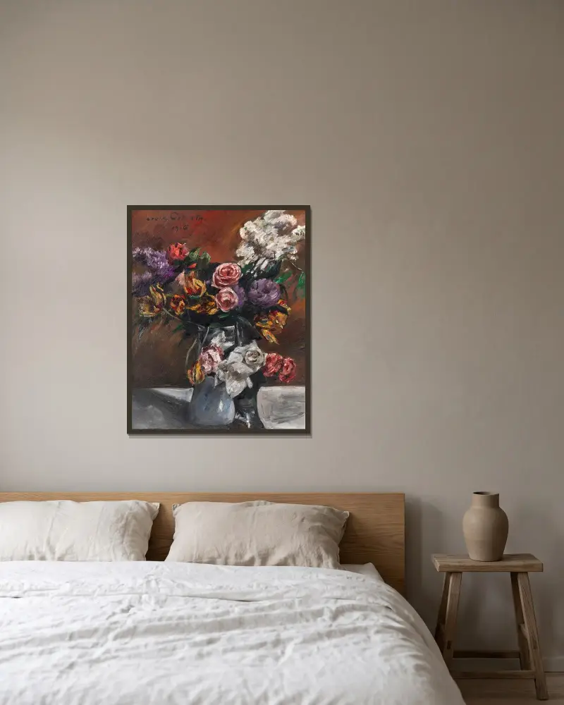 Rosor, tulpaner och syren av Lovis Corinth inramad på en vägg
