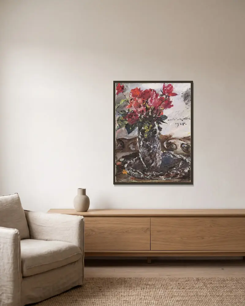 Rote Rosen von Lovis Corinth gerahmt an einer Wand
