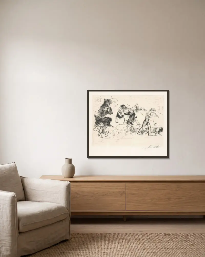 Satyren, en nymf, en faun och en flock grisar av Lovis Corinth inramad på en vägg
