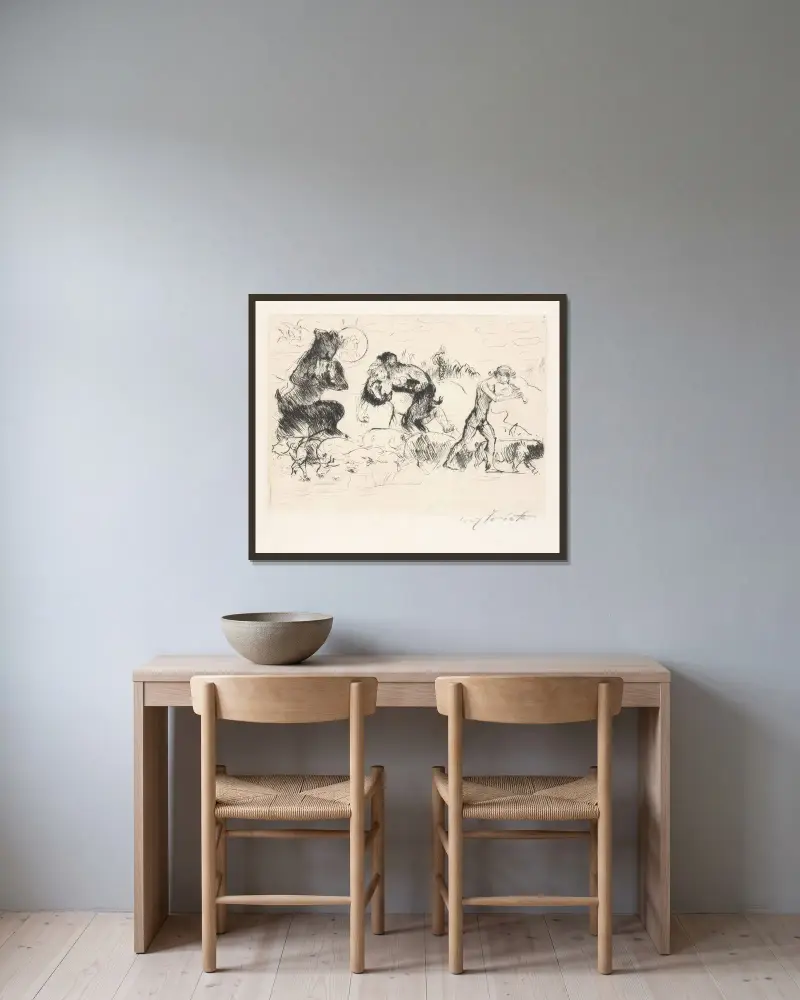 Satyren, en nymf, en faun och en flock grisar av Lovis Corinth inramad på en vägg