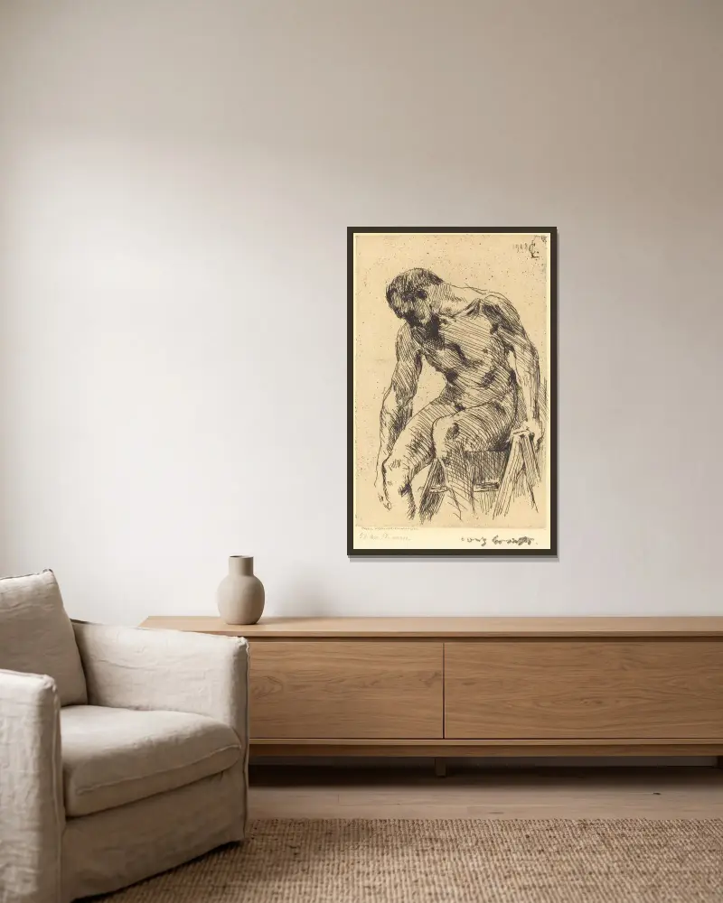 Sittande manlig nakenakt av Lovis Corinth inramad på en vägg