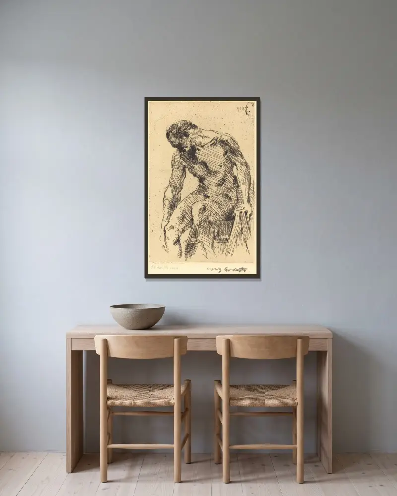 Sittande manlig nakenakt av Lovis Corinth inramad på en vägg