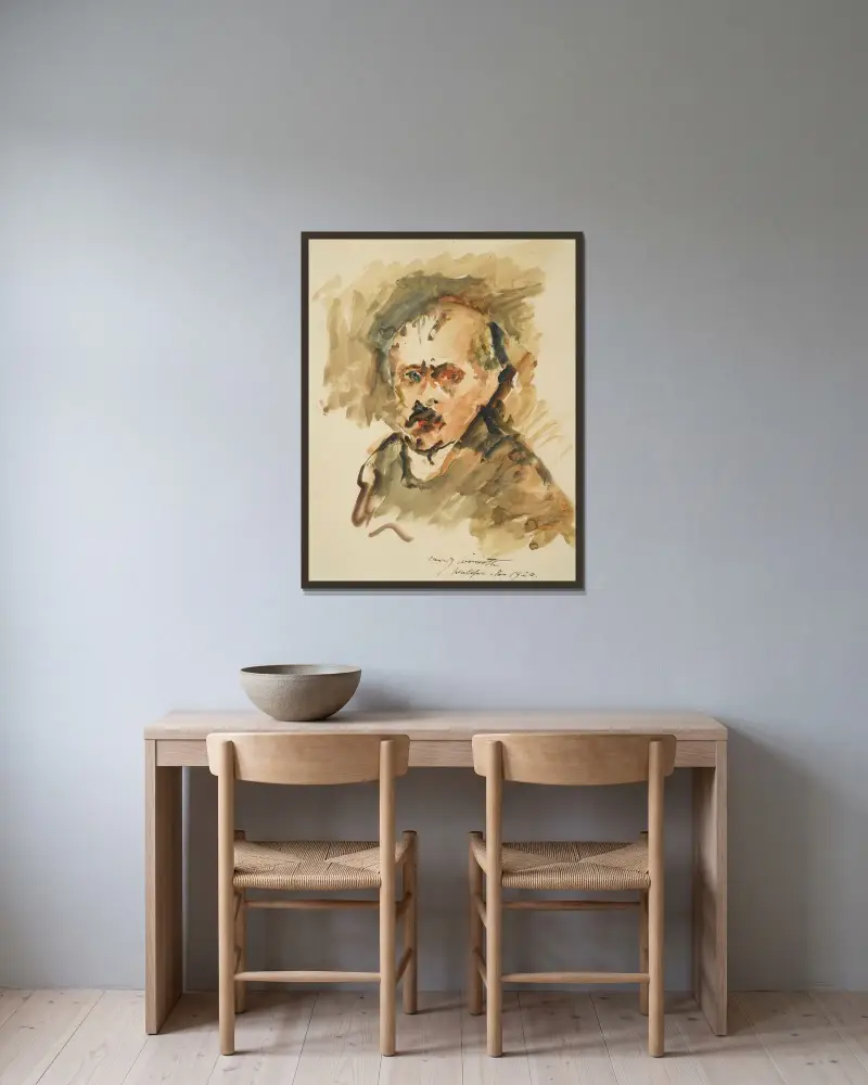 Självporträtt med mustasch av Lovis Corinth inramad på en vägg