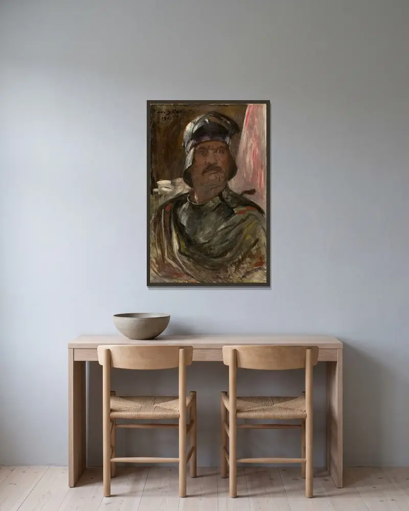 Självporträtt i harnesk av Lovis Corinth inramad på en vägg