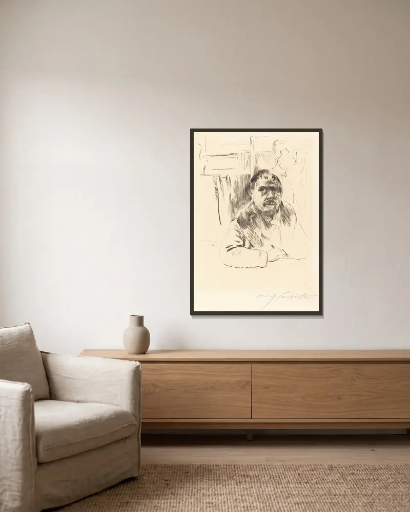 Självporträtt i päls (Selbstbildnis im Pelz) av Lovis Corinth inramad på en vägg