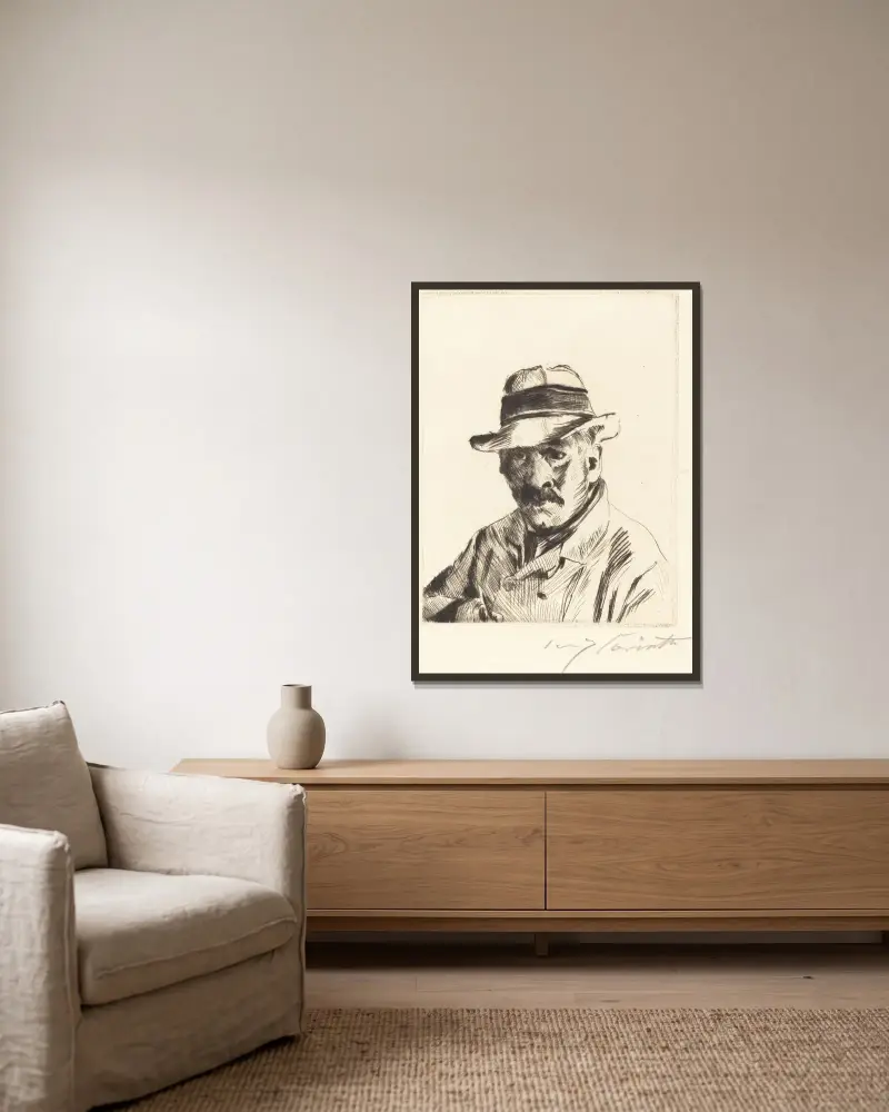 Självporträtt i halmhatt av Lovis Corinth inramad på en vägg