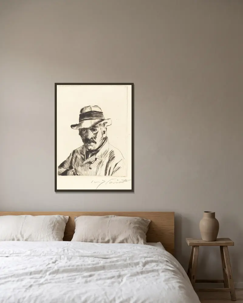 Självporträtt i halmhatt av Lovis Corinth inramad på en vägg