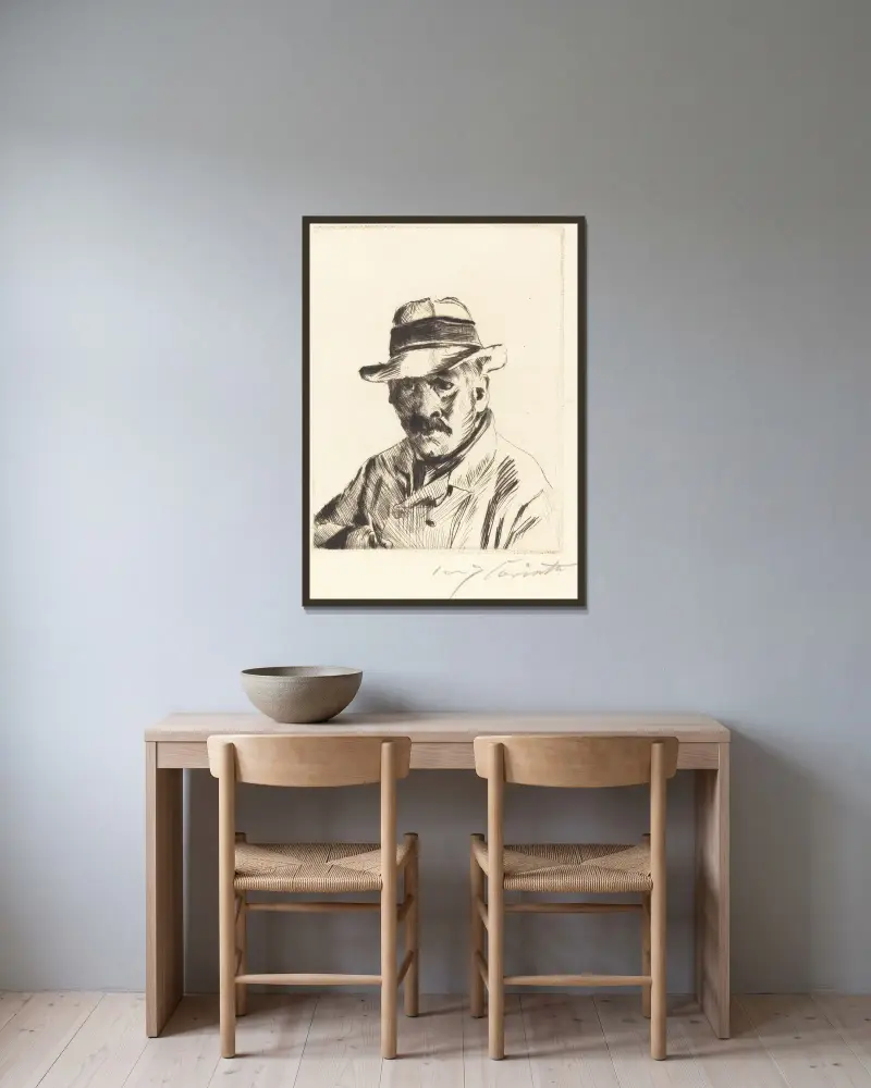 Självporträtt i halmhatt av Lovis Corinth inramad på en vägg