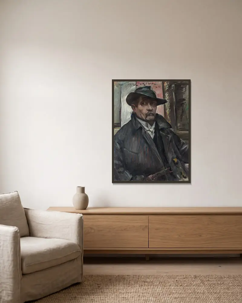 Selbstbildnis mit Hut und Mantel von Lovis Corinth gerahmt an einer Wand
