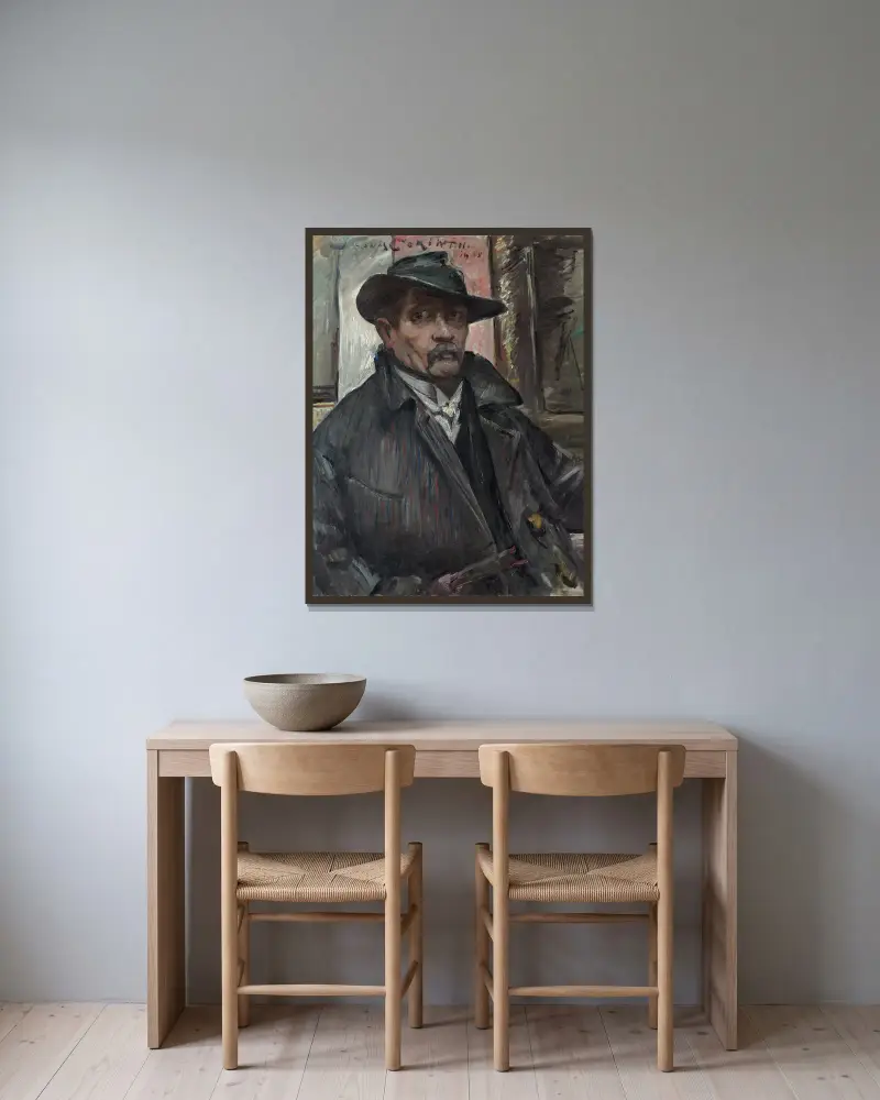 Selbstbildnis mit Hut und Mantel von Lovis Corinth gerahmt an einer Wand