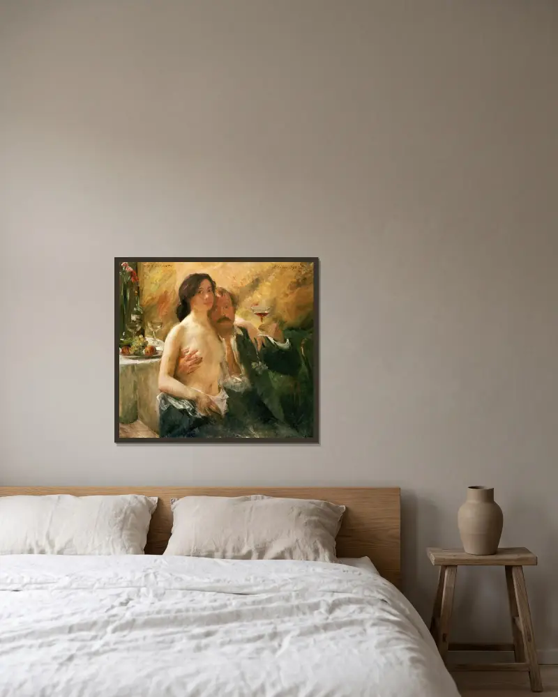 Självporträtt med hustrun Charlotte Berend-Corinth och ett glas sekt av Lovis Corinth inramad på en vägg