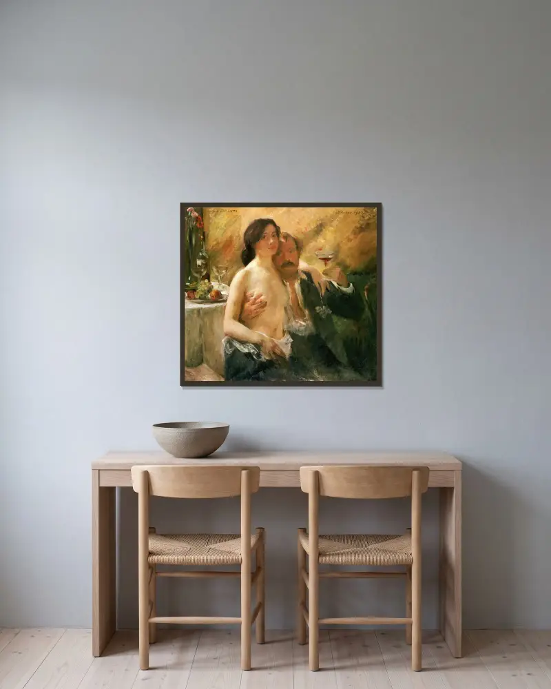Självporträtt med hustrun Charlotte Berend-Corinth och ett glas sekt av Lovis Corinth inramad på en vägg