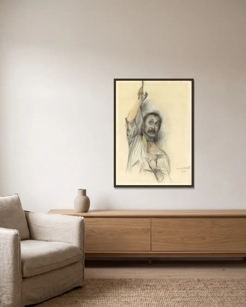 Selbstporträt mit Strick um den Hals von Lovis Corinth gerahmt an einer Wand