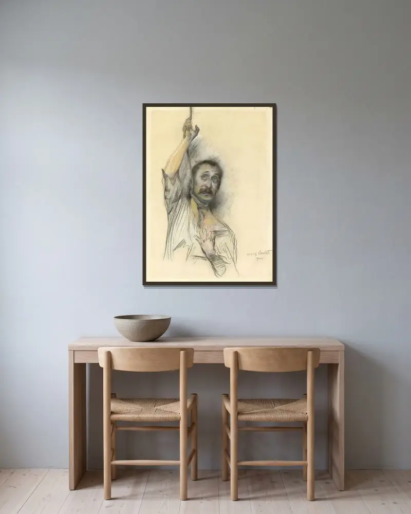 Selbstporträt mit Strick um den Hals von Lovis Corinth gerahmt an einer Wand
