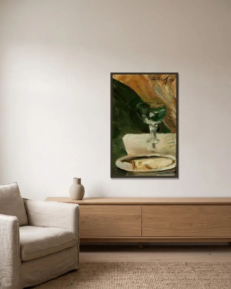 Stilleben med pokal och tallrik av Lovis Corinth inramad på en vägg