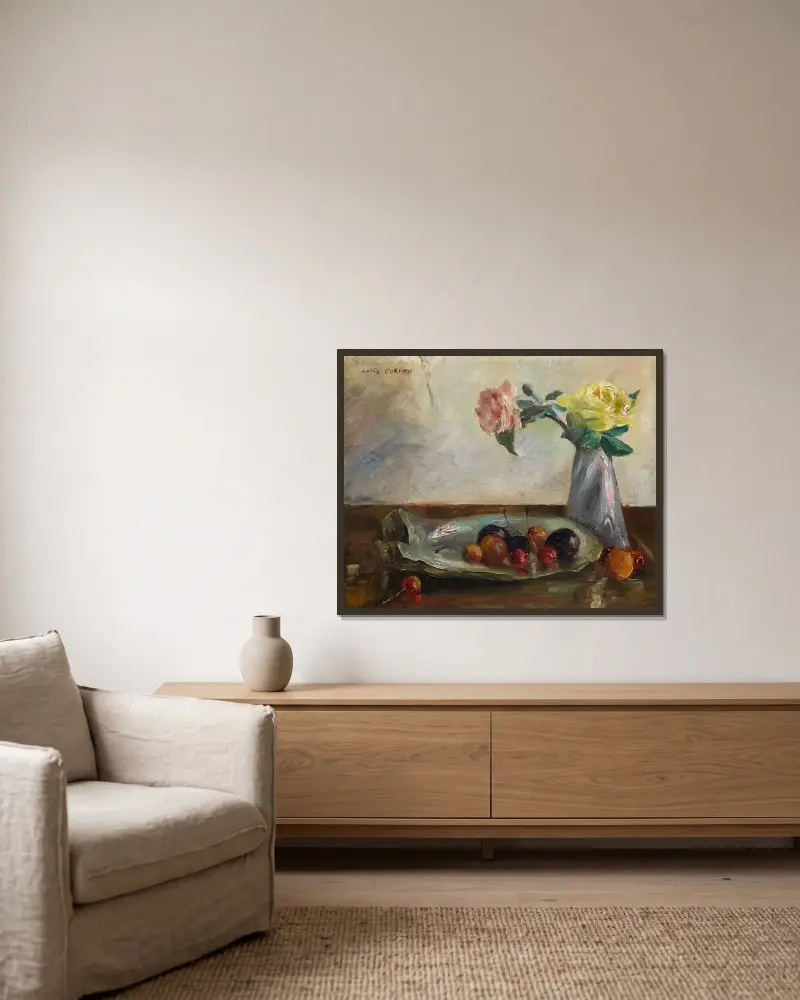 Stillleben mit Blumen in Vase, Muschel und Obst von Lovis Corinth gerahmt an einer Wand