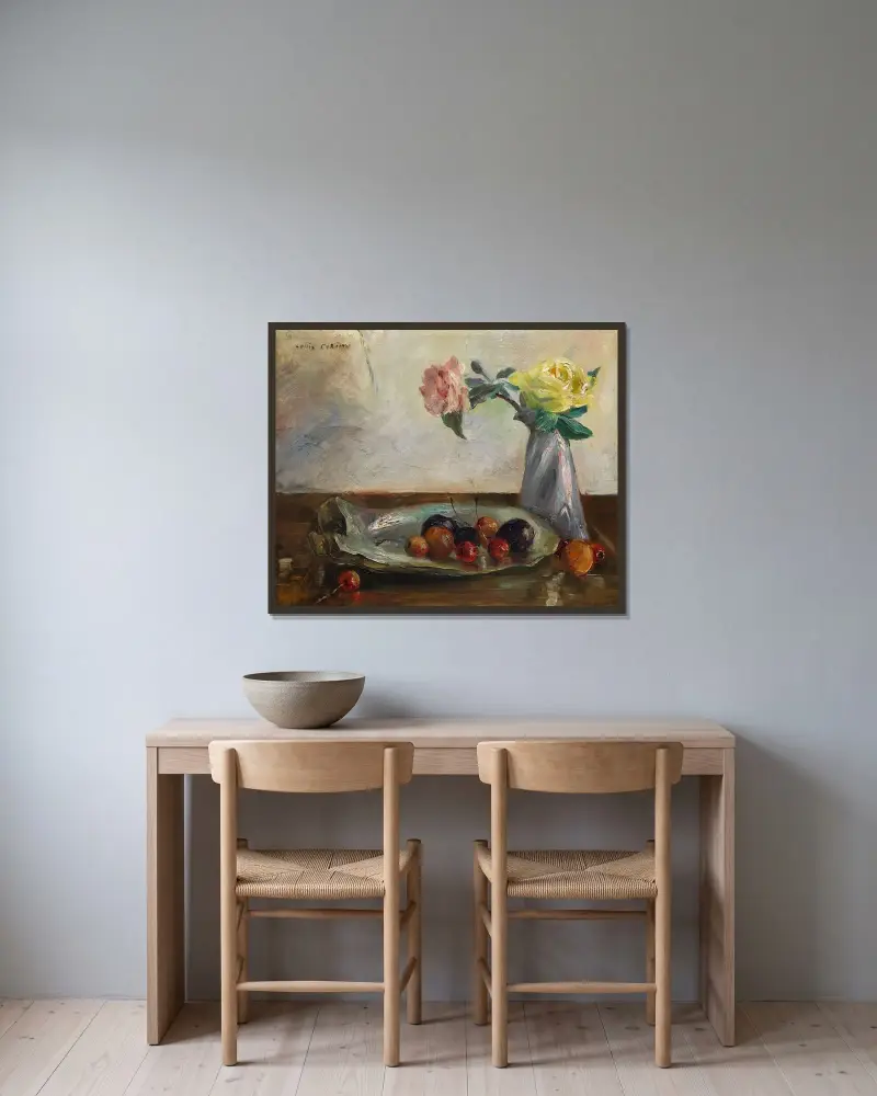 Stillleben mit Blumen in Vase, Muschel und Obst von Lovis Corinth gerahmt an einer Wand