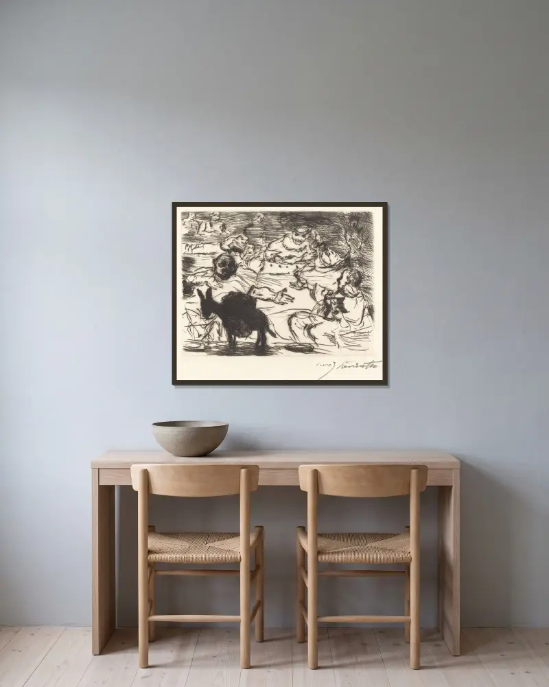 Trimalchios gästabud; pl. V av Lovis Corinth inramad på en vägg