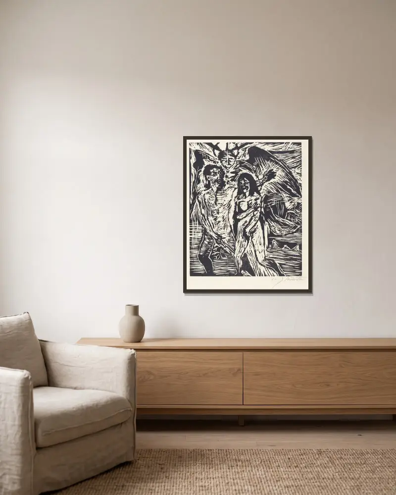 Utvisningen ur paradiset av Lovis Corinth inramad på en vägg