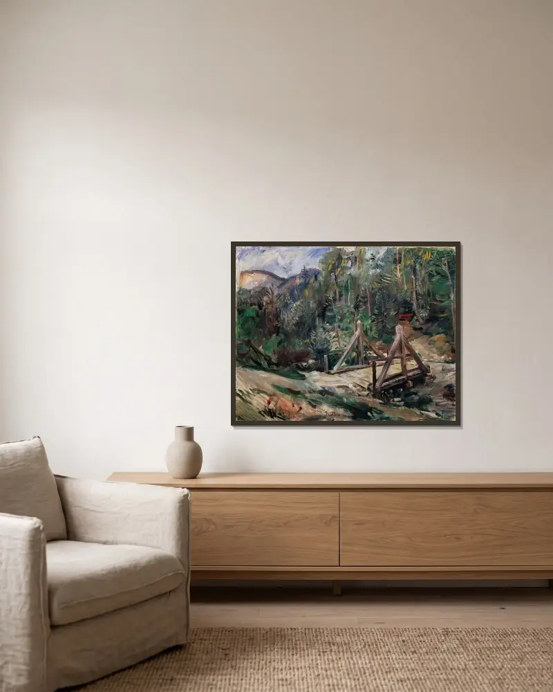 Tyrolskt landskap med bro av Lovis Corinth inramad på en vägg