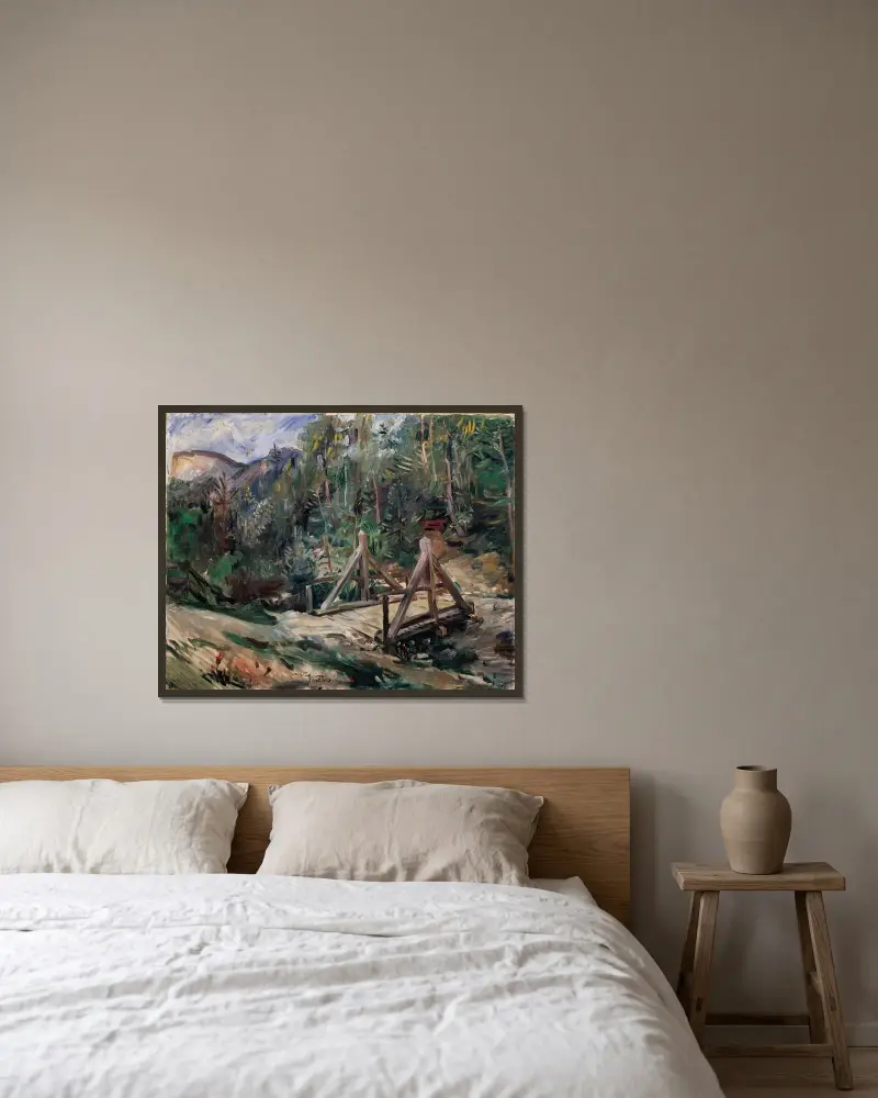 Tyrolskt landskap med bro av Lovis Corinth inramad på en vägg